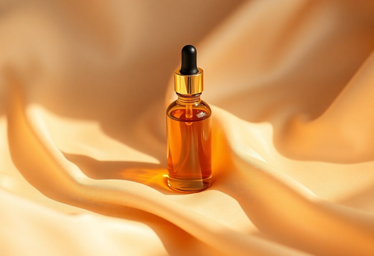 Sérum en flacon ambré posé sur une soie beige